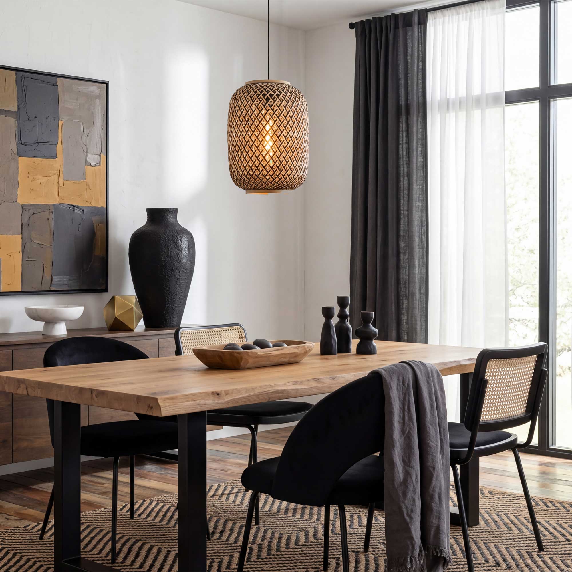 Minelle Woven Bamboo Pendant — Natural & Black, 28cm