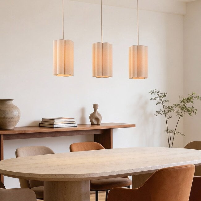 Close-up of Liora pendant light showing beige linen fabric shade detail