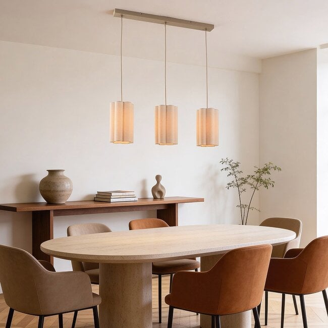 Liora 3-light pendant fixture with beige linen shade dimensions and specifications
