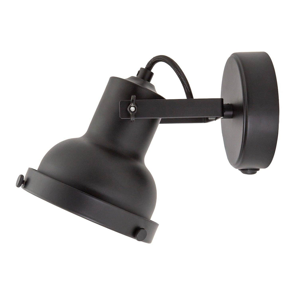 Adjustable wall spot light shown in matt black finish with exposed hardware and on/off switch