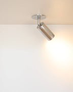 Adjustable ceiling spotlight mounted on white ceiling showing directional light beam