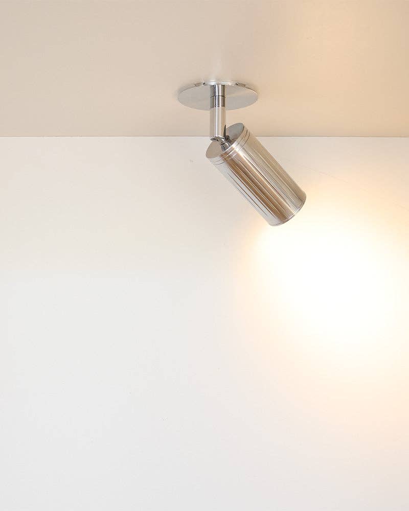 Adjustable ceiling spotlight mounted on white ceiling showing directional light beam