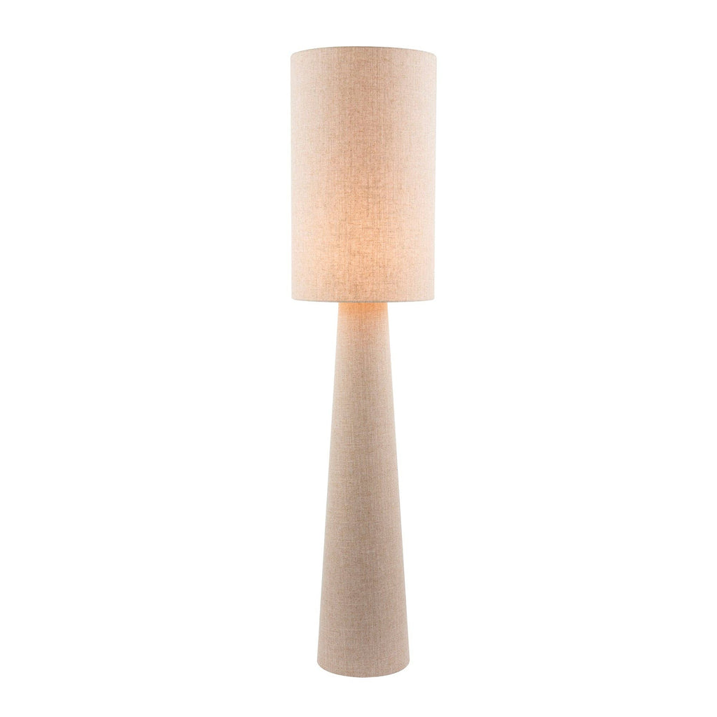 Arvid oatmeal linen floor lamp with drum shade in modern living room
