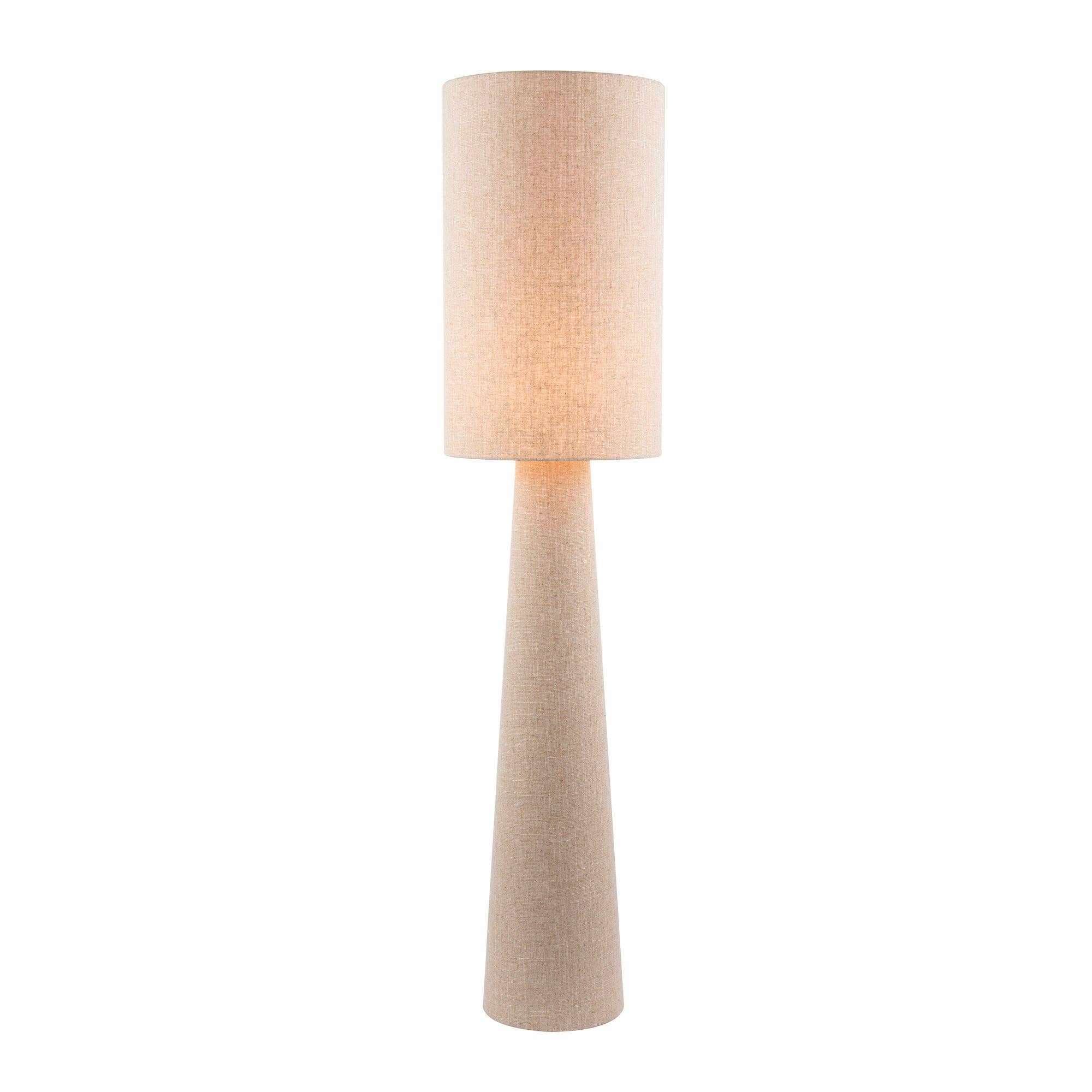 Arvid oatmeal linen floor lamp with drum shade in modern living room