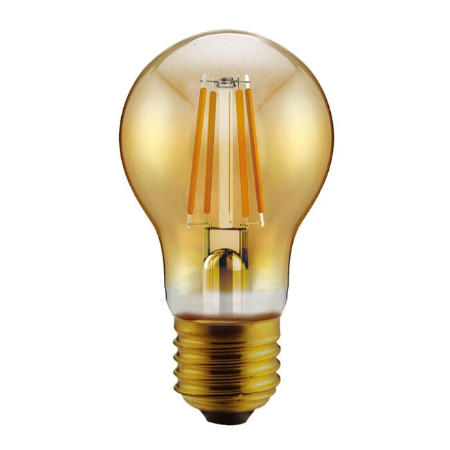 Dimmable LED filament bulb emitting very warm white light in pendant fixture