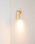 Luminar Box Mount brushed brass wall spotlight mounted on white wall