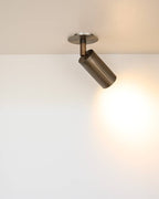 Close-up of browned brass directional spotlight showing precision-machined texture