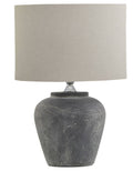 Amalfi grey table lamp with natural linen shade on bedside table