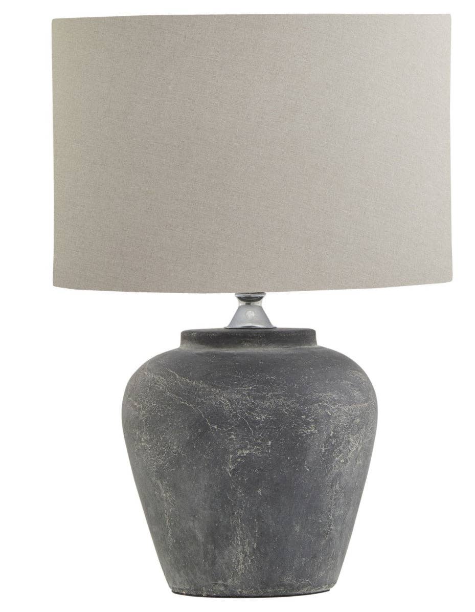 Amalfi grey table lamp with natural linen shade on bedside table