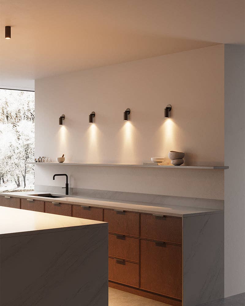 Row of Luminar spotlights washing light over a kitchen shelf