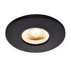 Close-up of slim matt black LED downlight showing fire rating