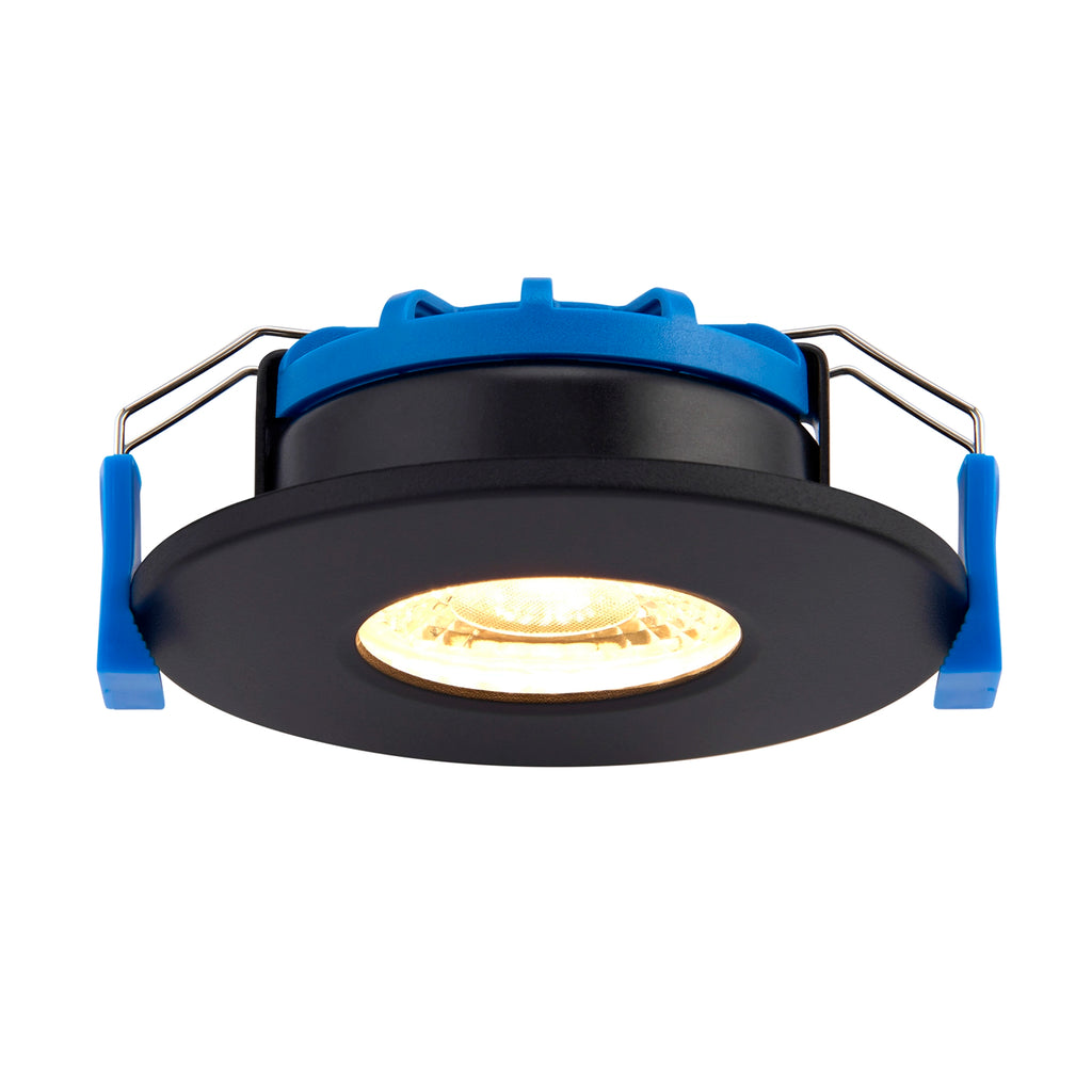 Valtari matt black fire rated downlight installed in ceiling