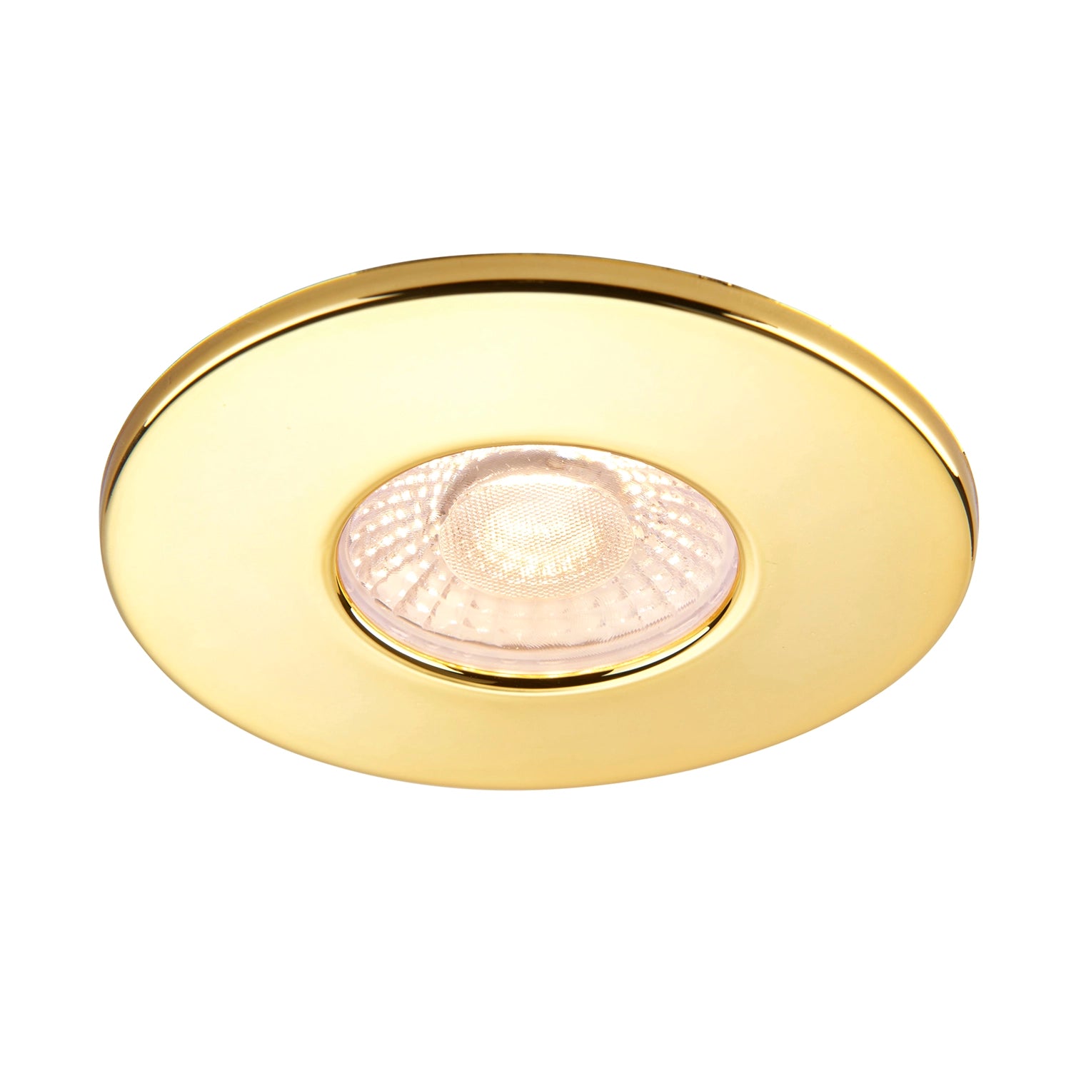 Close up of polished brass slim downlight showing warm metallic finish