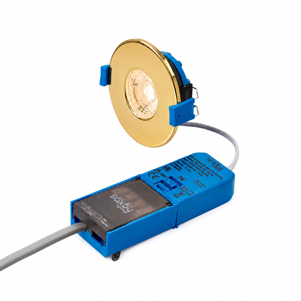 Ultra-slim 32mm profile fire rated downlight in polished brass