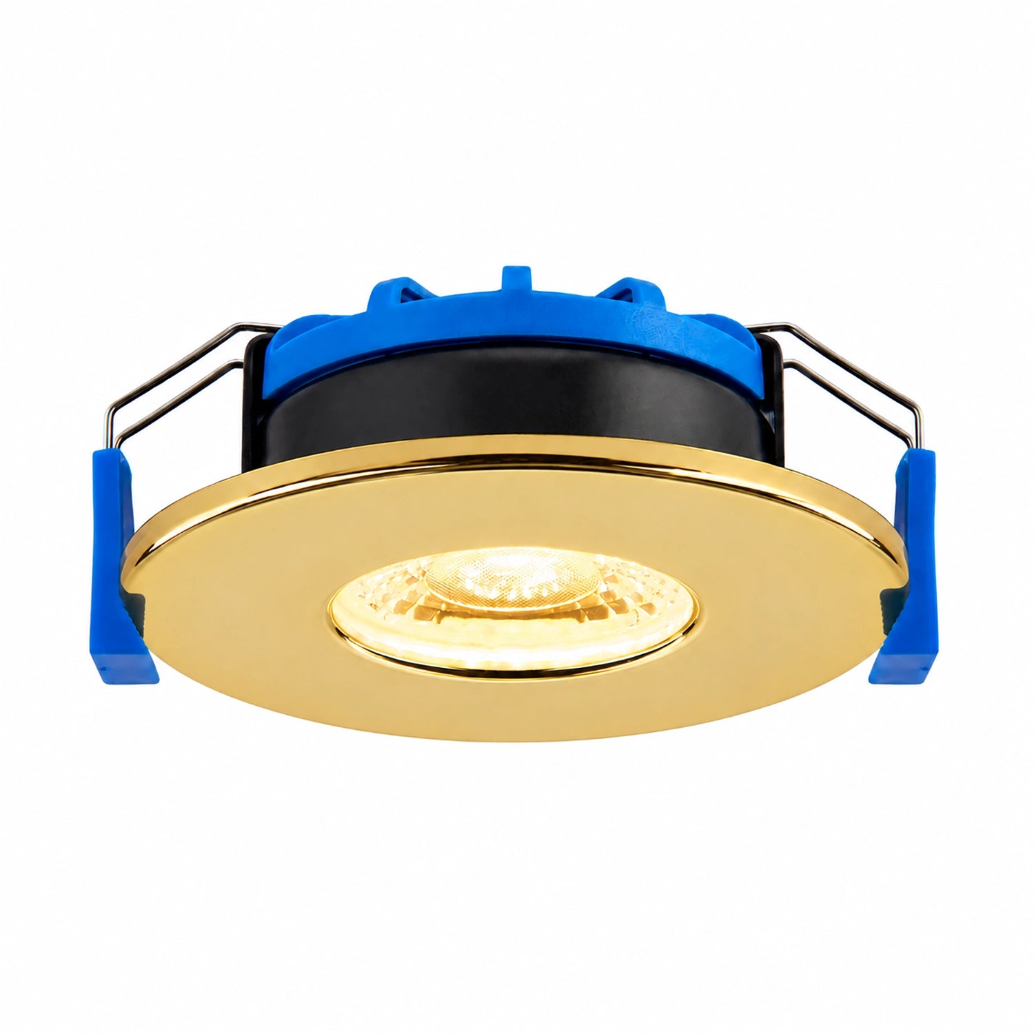 Valtari polished brass fire rated downlight installed in ceiling