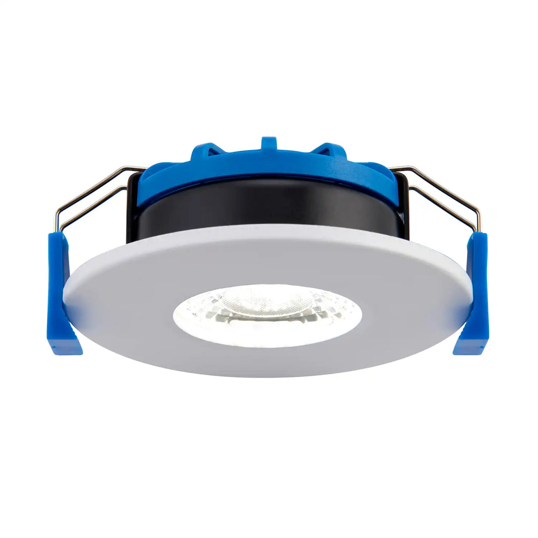 Valtari matt white fire-rated downlight with sealed bezel, three-quarter view