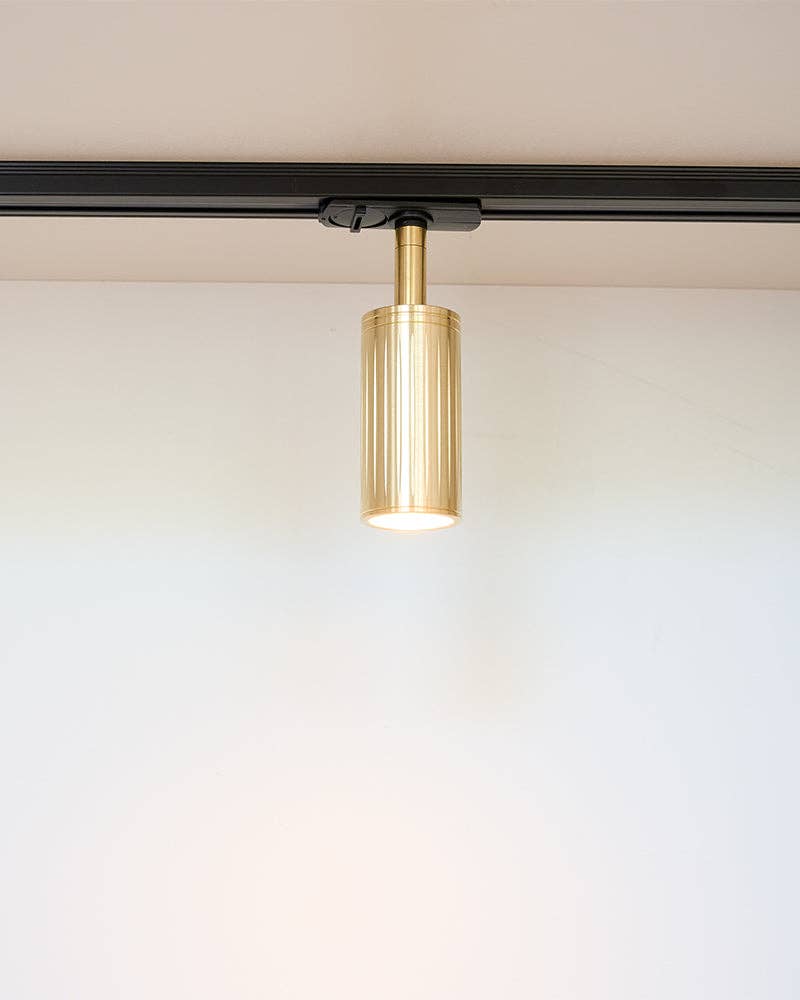 Luminar brushed brass ribbed spotlight on a black lighting track, lit