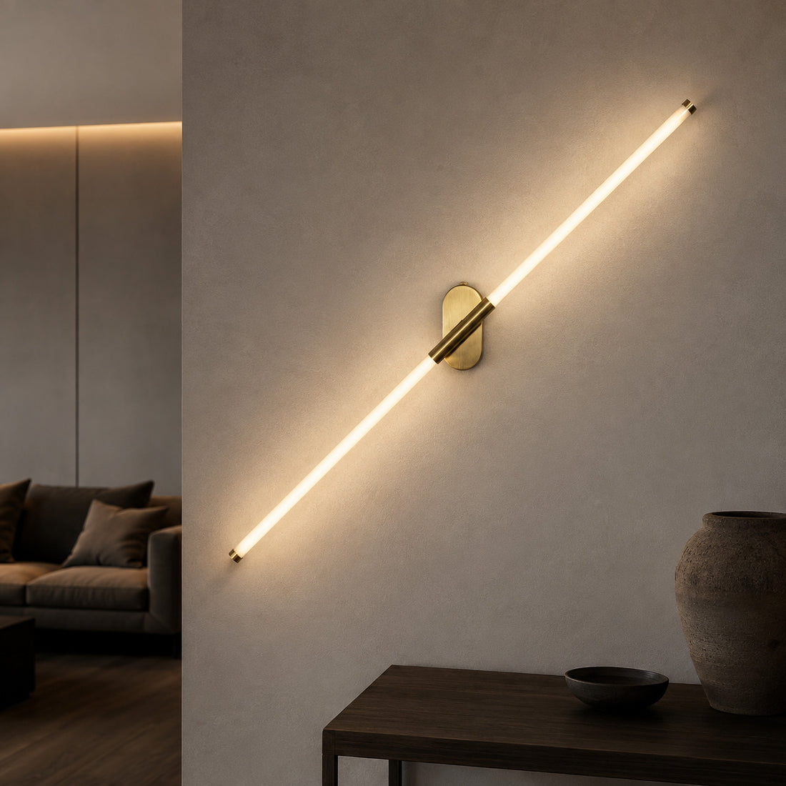 Akra 60cm LED bar rotated diagonally above a dark side table