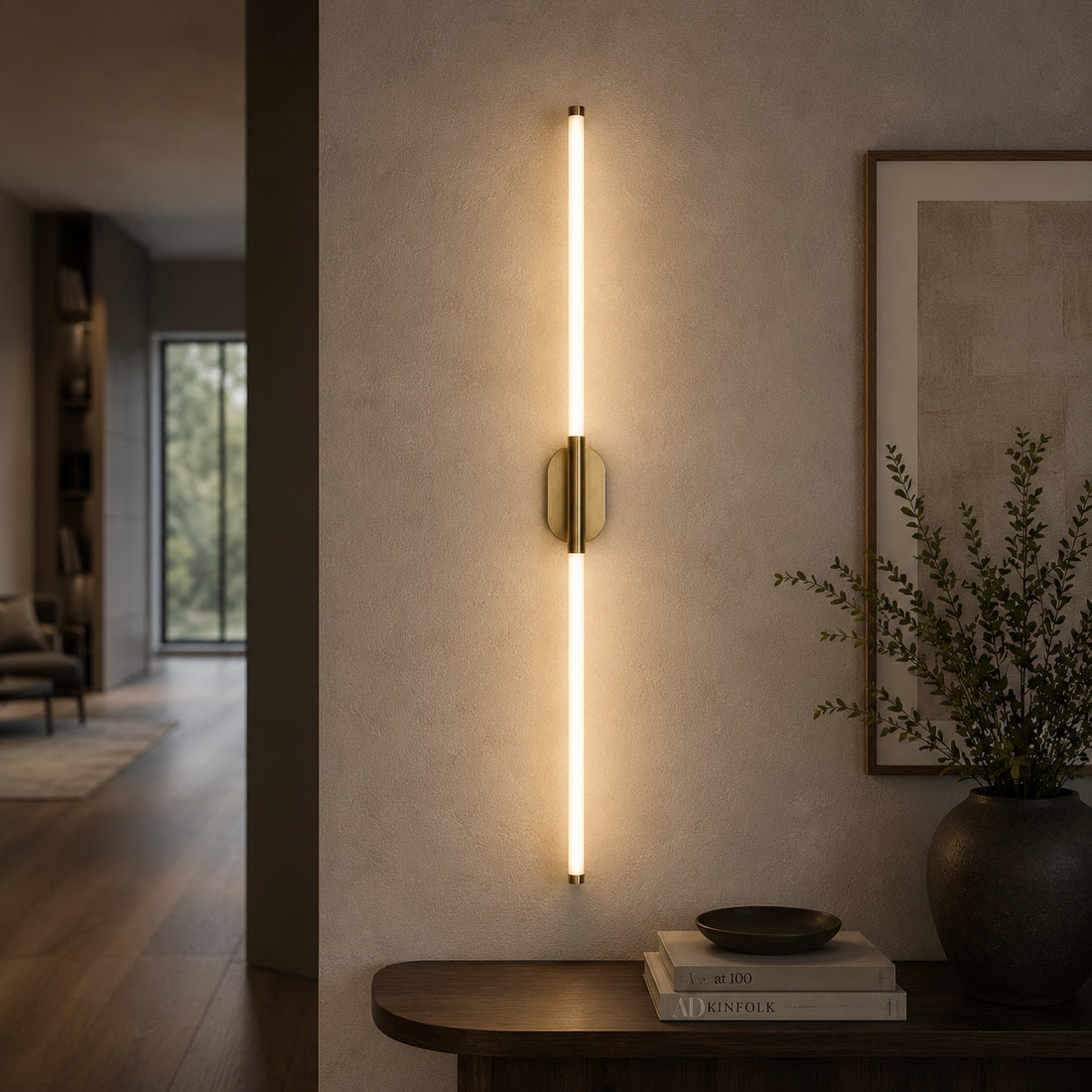 Akra 60cm tube light lit vertically over a console with books and bowl