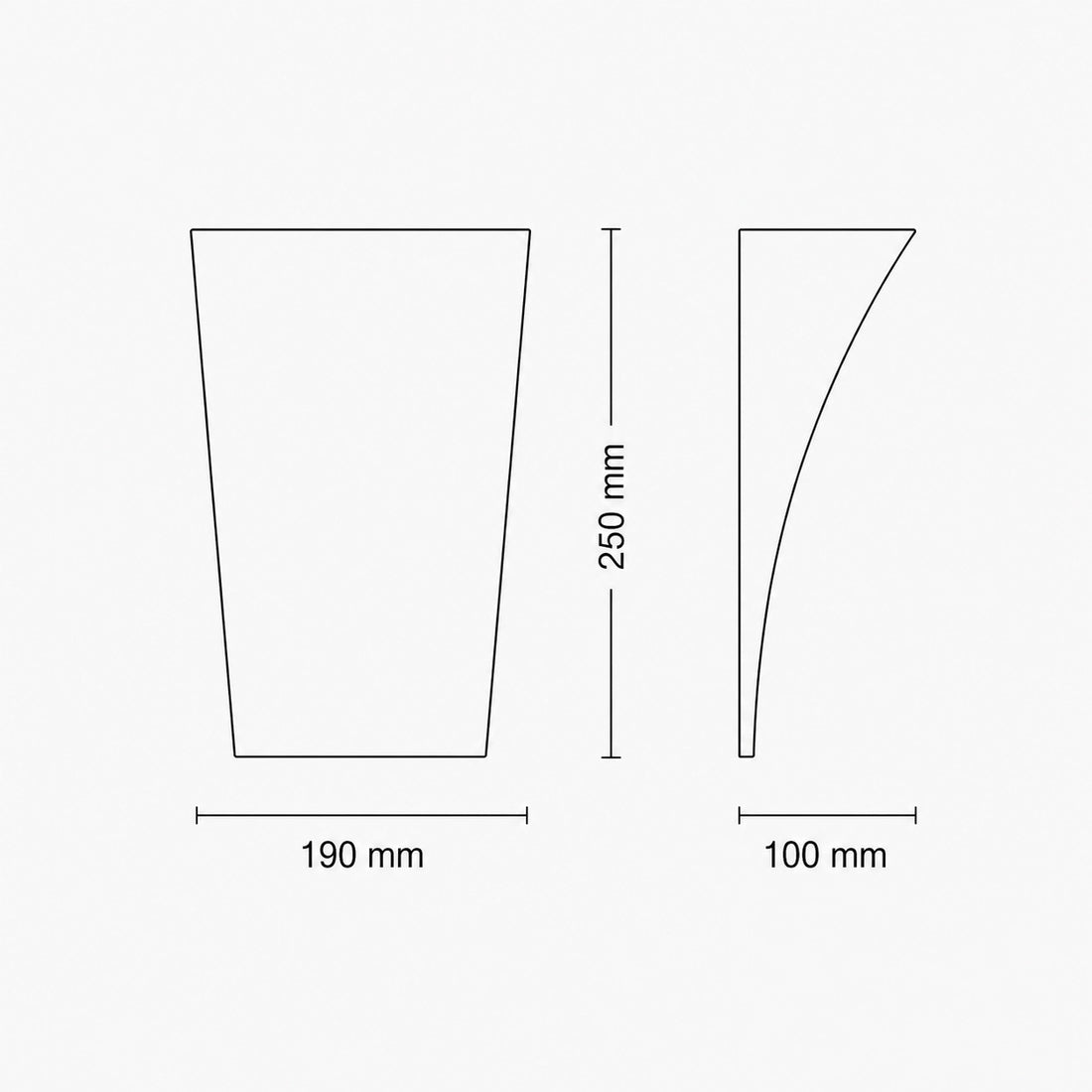 Alma wall light dimensions — 190mm wide, 250mm high, 100mm deep