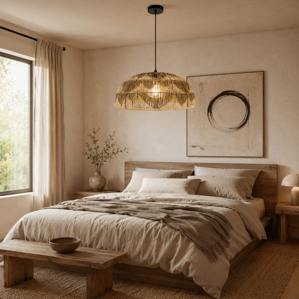 Alpa Two-Tone Rattan Dome Pendant — Natural & Charcoal, 66cm