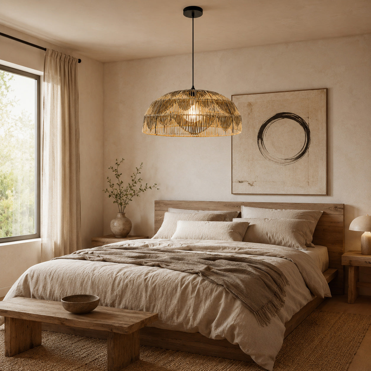 Alpa Two-Tone Rattan Dome Pendant — Natural & Charcoal, 66cm