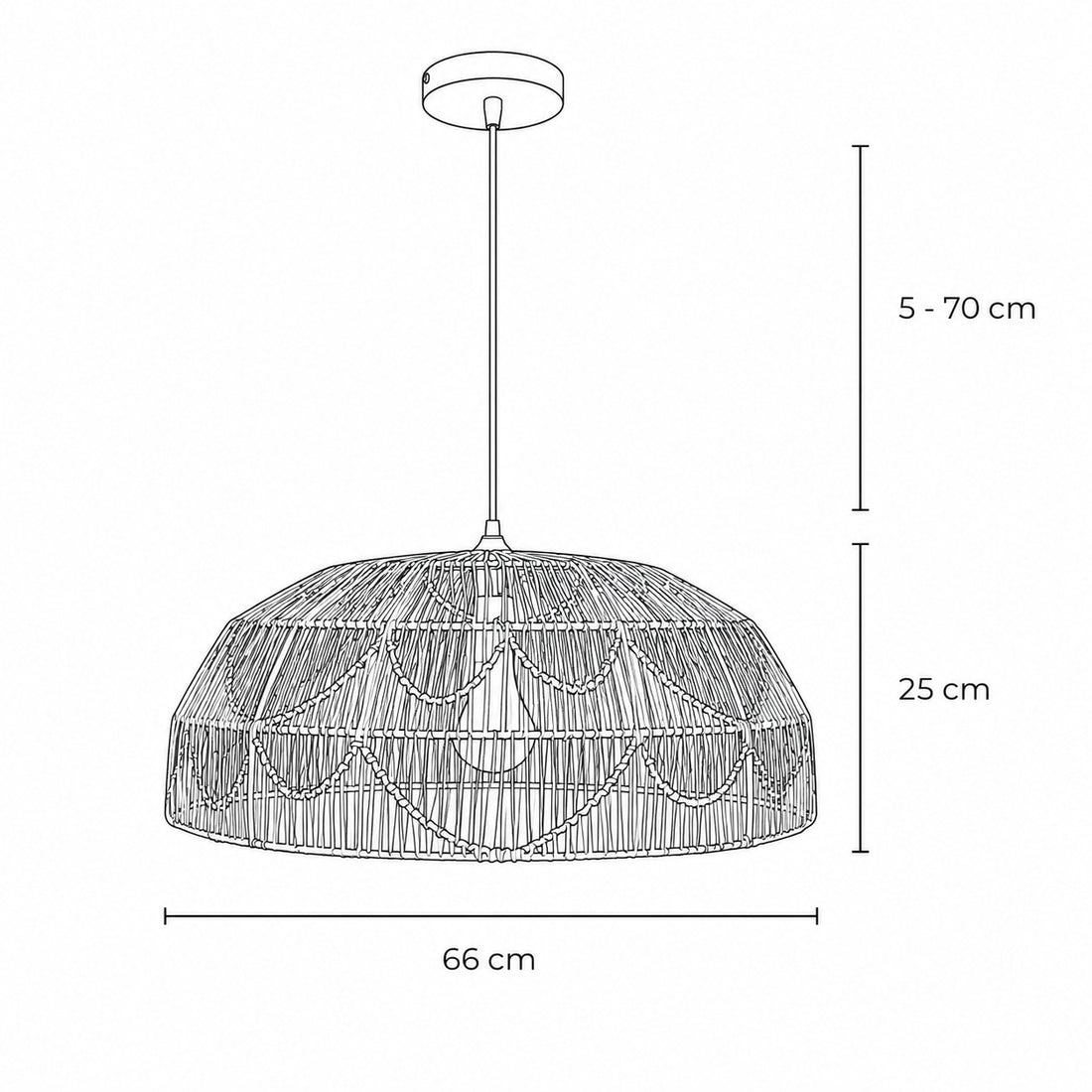 Dimensions for Alpa Two-Tone Rattan Dome Pendant — Natural & Charcoal, 66cm