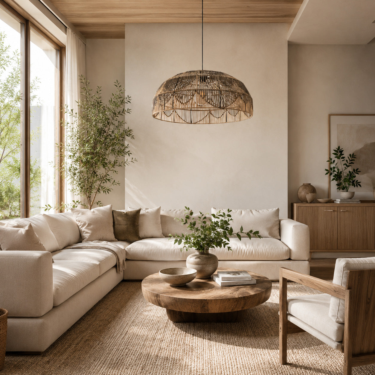 Alpa Two-Tone Rattan Dome Pendant — Natural & Charcoal, 66cm