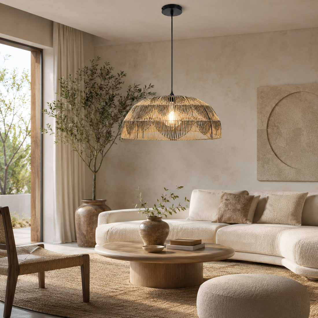 Alpa Two-Tone Rattan Dome Pendant — Natural & Charcoal, 66cm