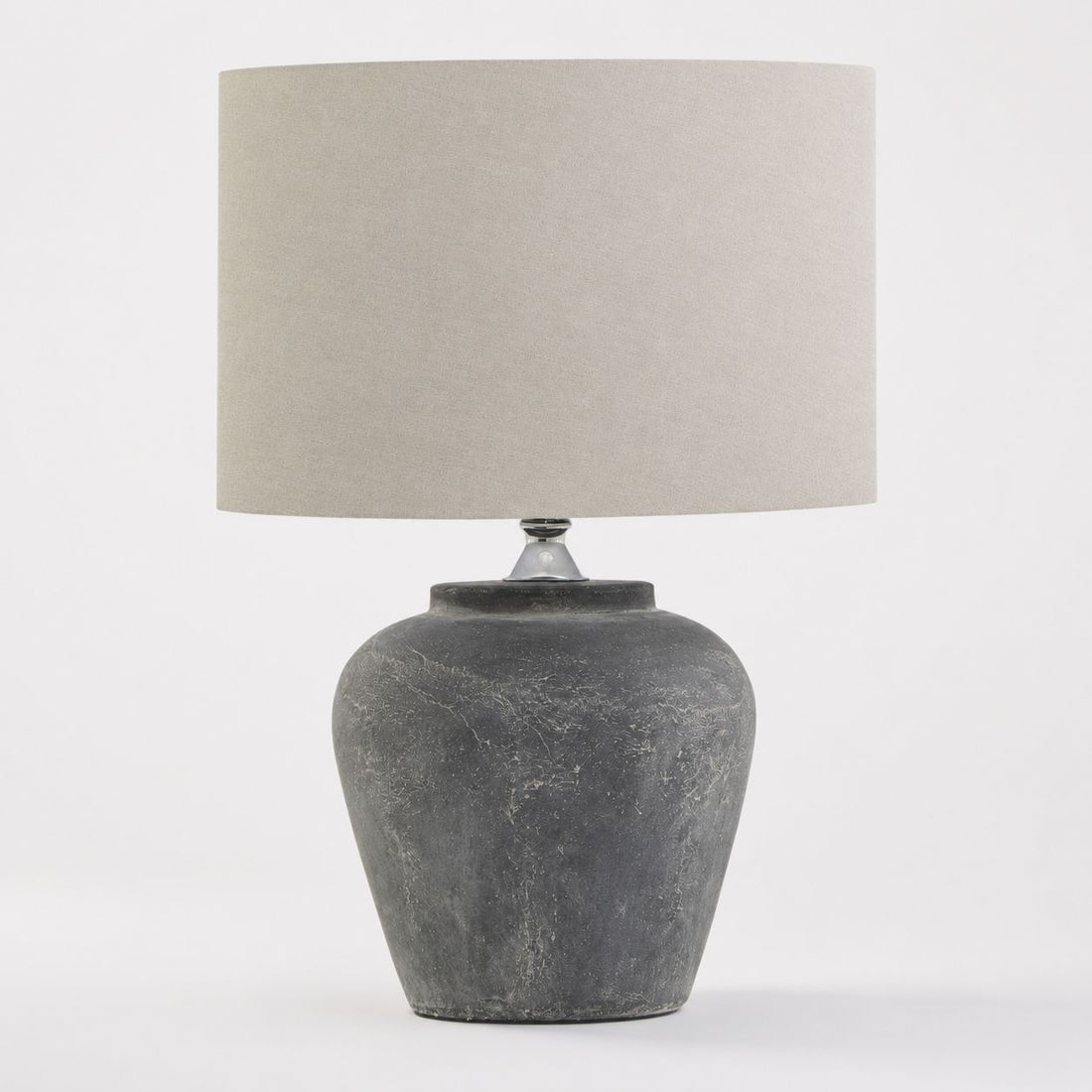 Amalfi grey table lamp with linen shade, front view on white