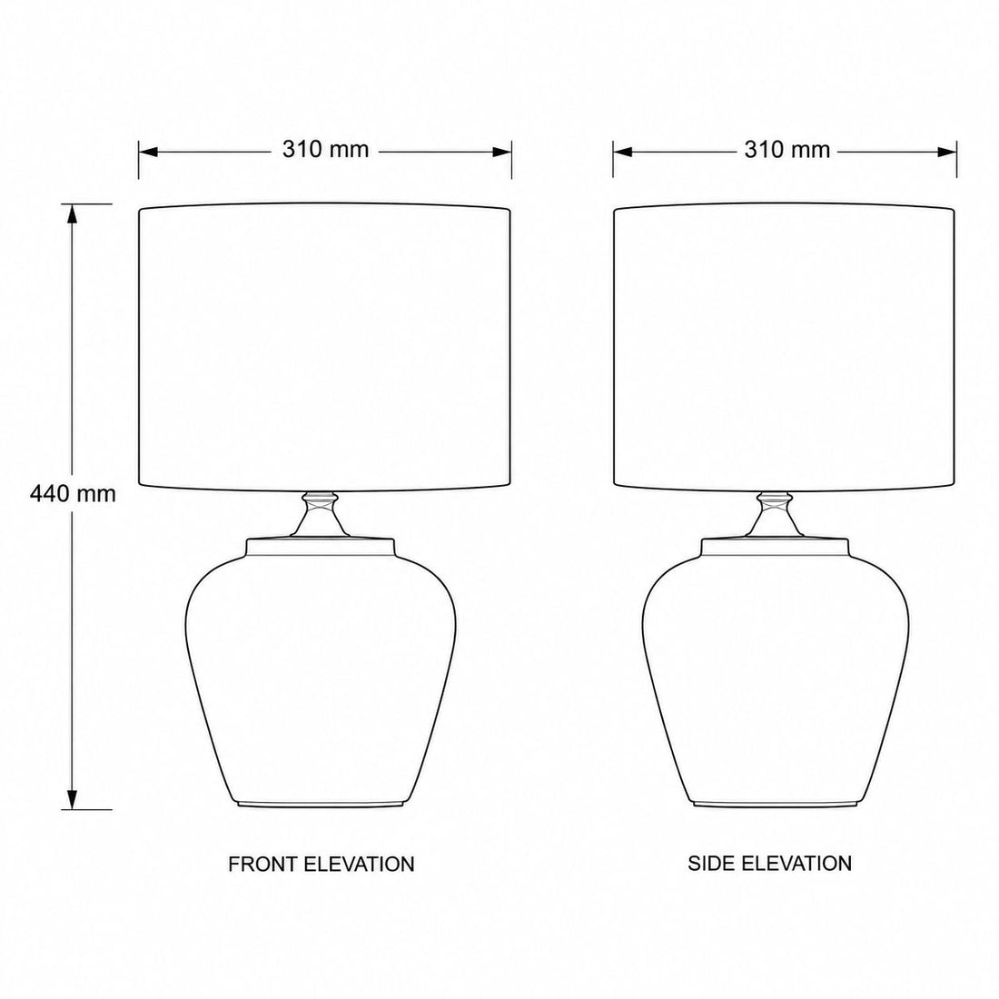 Amalfi table lamp dimensions drawing: 310mm wide, 440mm high