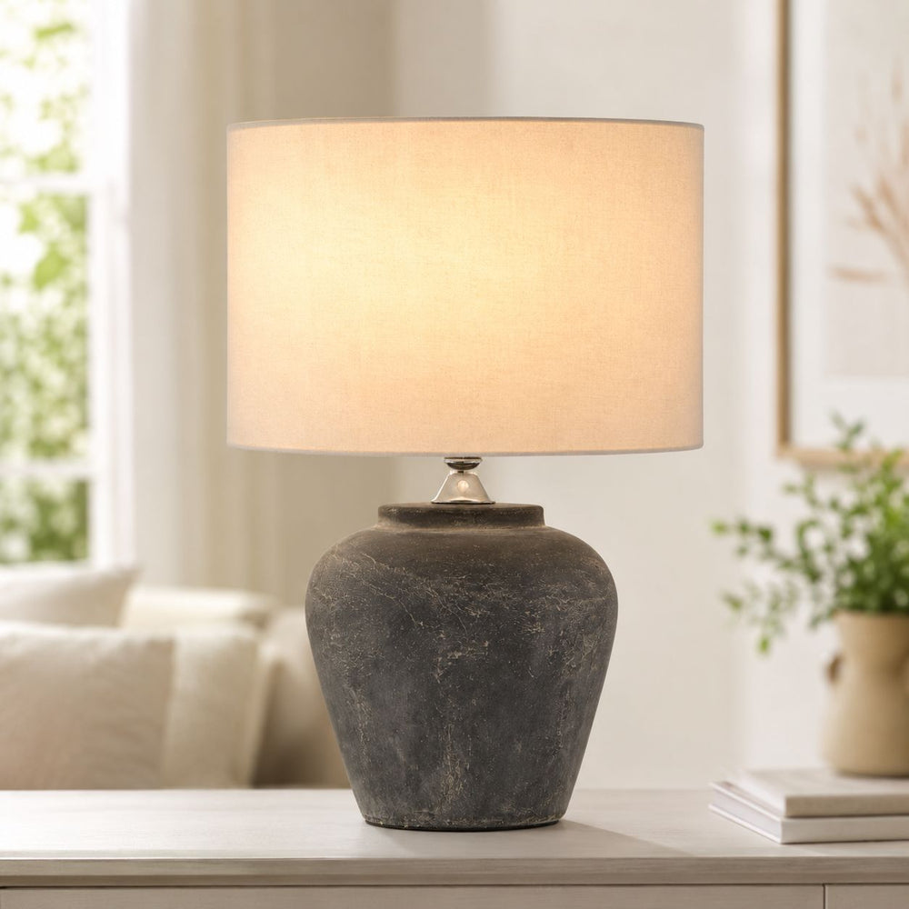 Amalfi Table Lamp — Grey, Linen Shade after dark