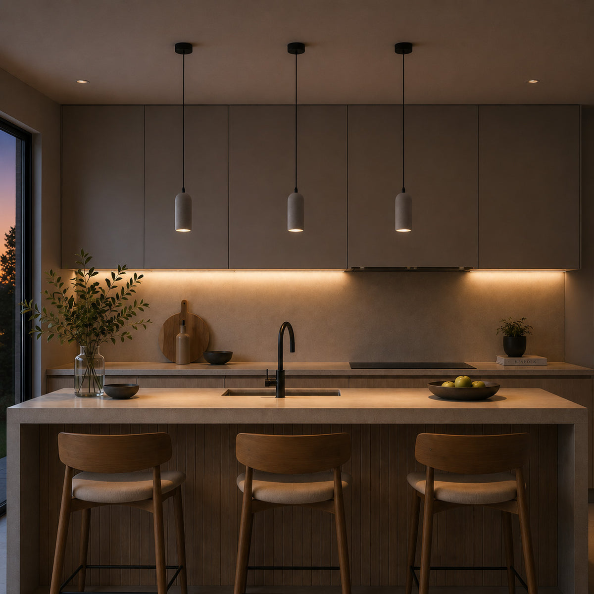Three Ando cylinder pendants over a kitchen island at dusk