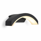 Arlen black arched outdoor LED wall light, angled view on white