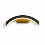 Arlen black arched LED wall light, front view showing the curved gold-lit underside