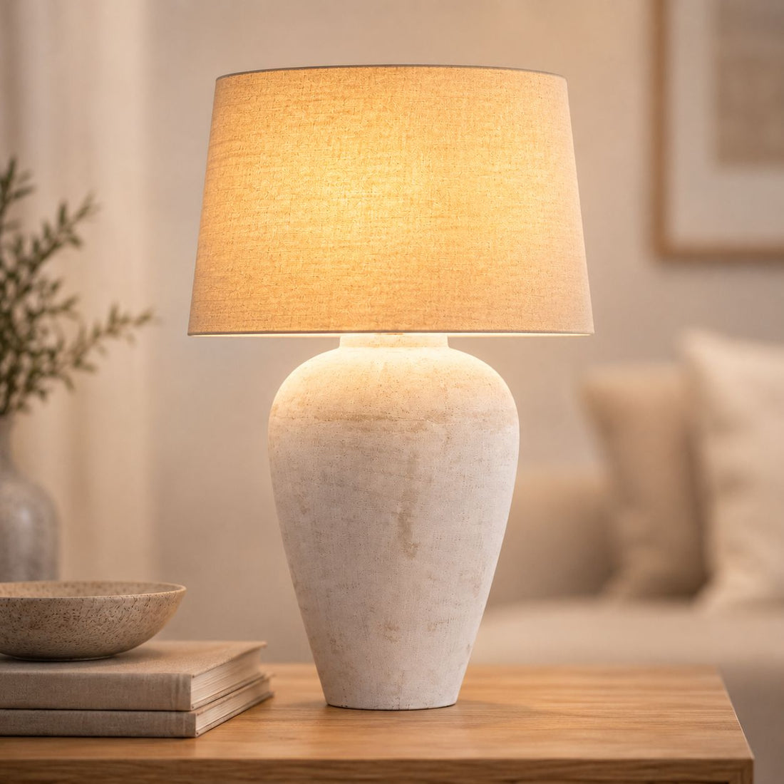 Athena tall aged stone table lamp lit on a console in a living room