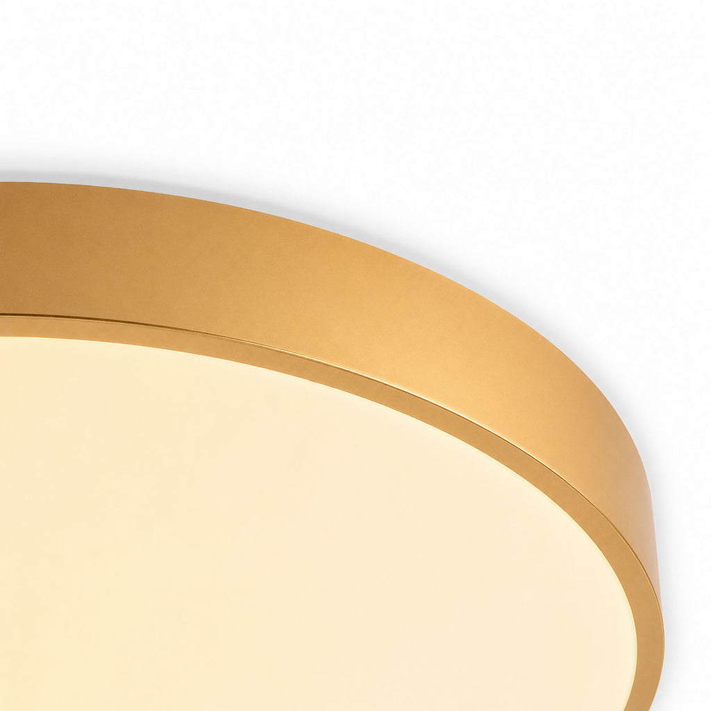 Aurelia gold LED flush ceiling light, close-up of the rim and opal diffuser