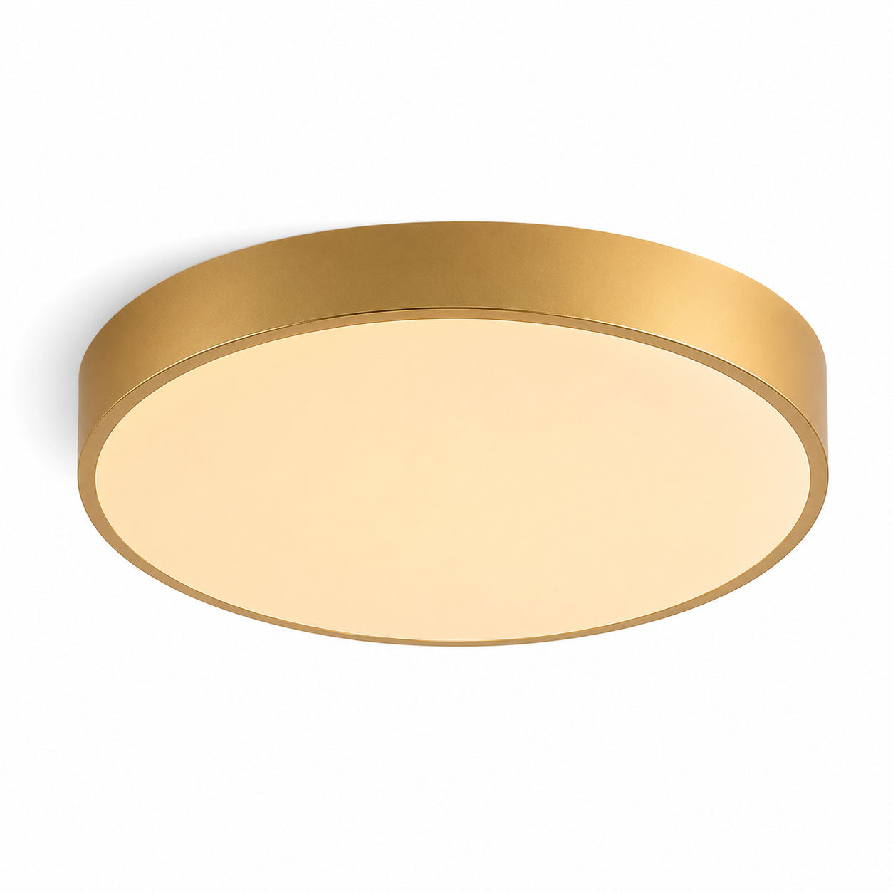Aurelia gold round dimmable LED flush ceiling light, angled view on white
