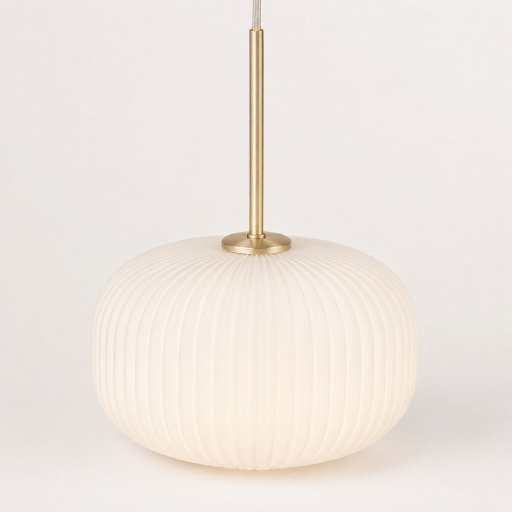 Bellamy Ribbed Globe Pendant — White Glass, Gold