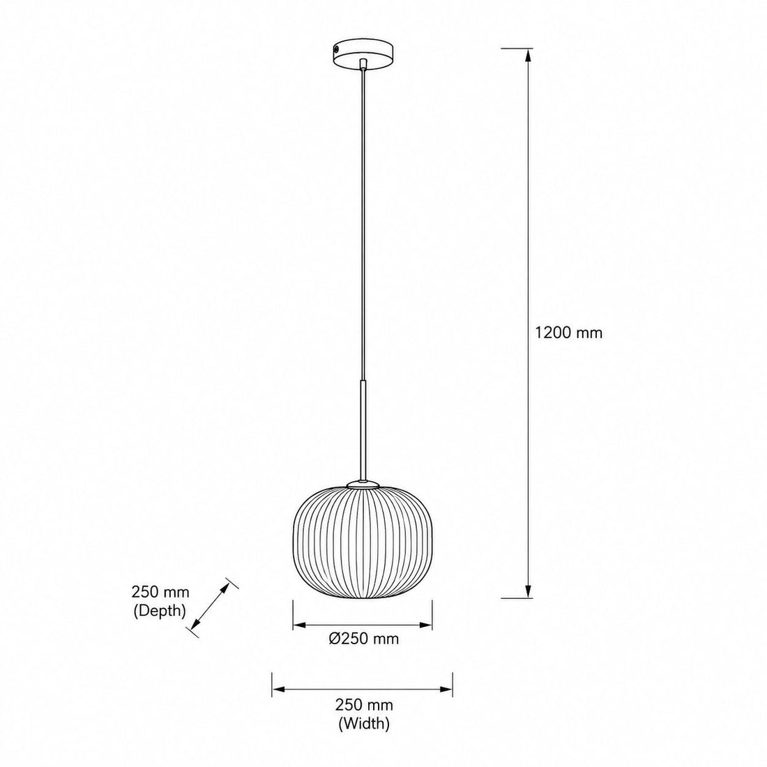 Dimensions for Bellamy Ribbed Globe Pendant — White Glass, Gold