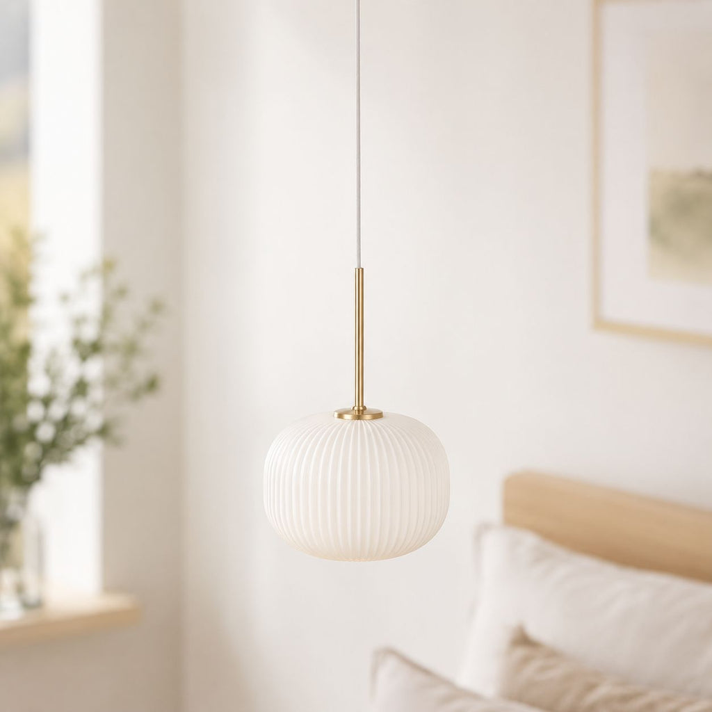 Bellamy Ribbed Globe Pendant — White Glass, Gold