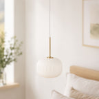 Bellamy Ribbed Globe Pendant — White Glass, Gold