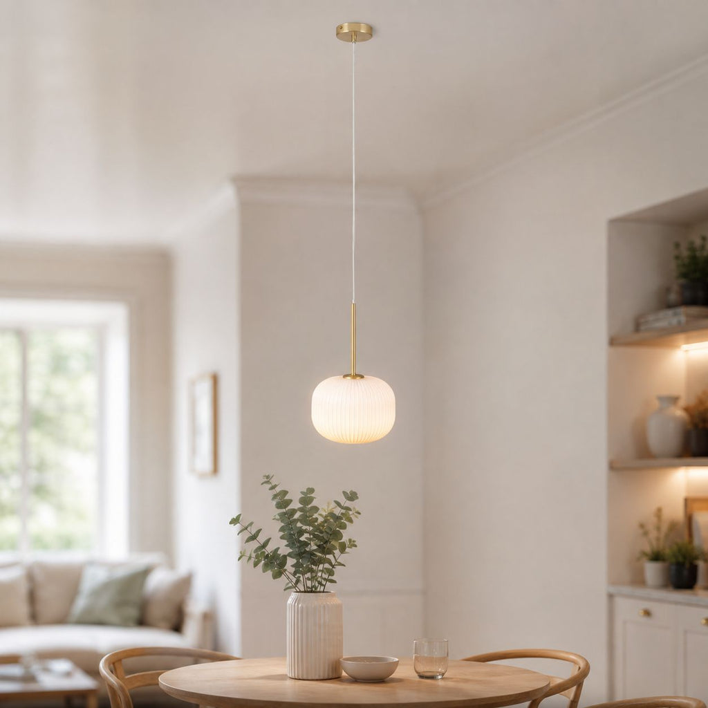 Bellamy Ribbed Globe Pendant — White Glass, Gold