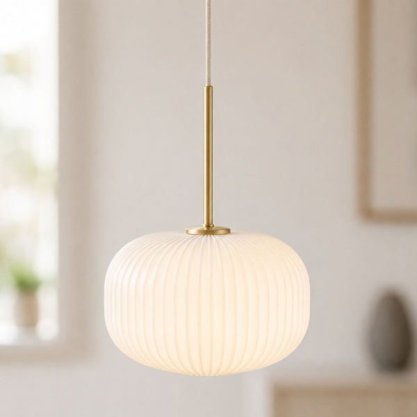 Bellamy Ribbed Globe Pendant — White Glass, Gold