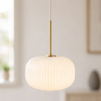 Bellamy Ribbed Globe Pendant — White Glass, Gold