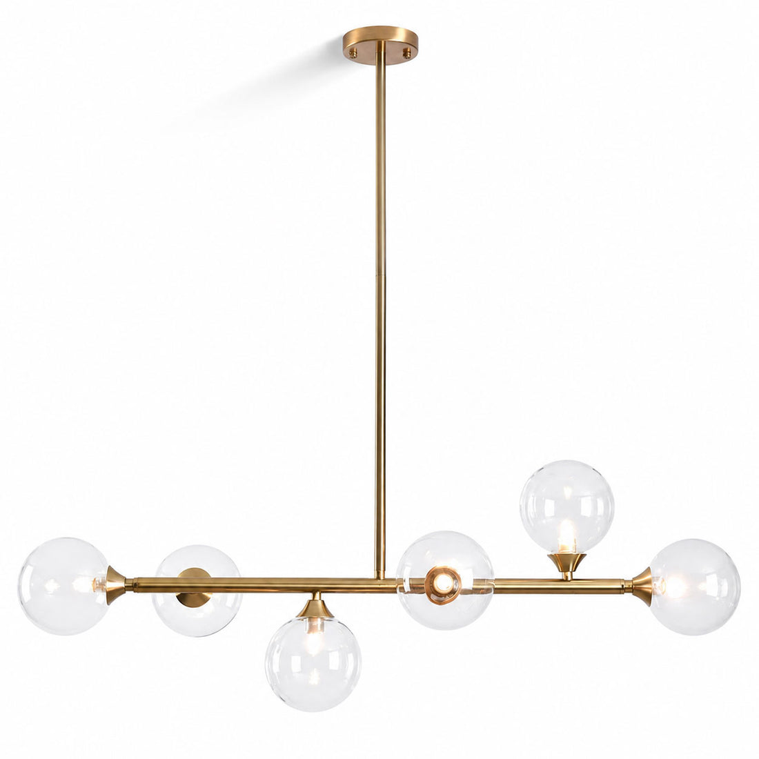 Calla gold linear pendant with clear glass globes on a horizontal bar, front view on white