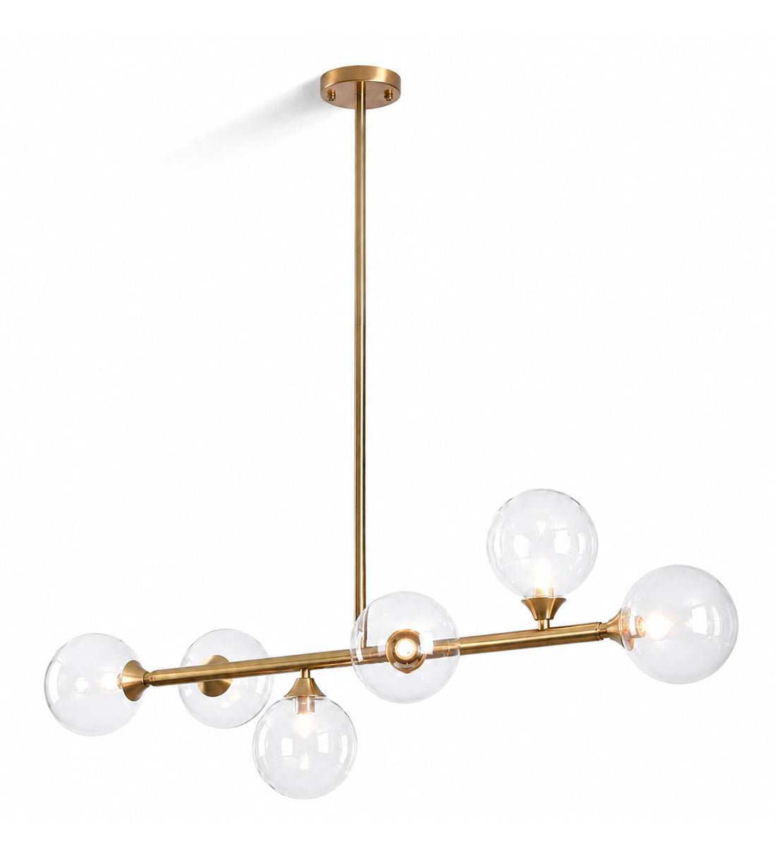 Calla clear glass globe linear pendant in gold, angled view on white