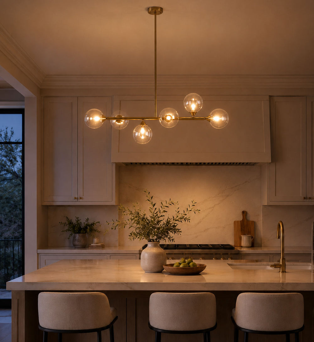 Calla Glass Globe Pendant Ceiling Light — Clear, Gold after dark