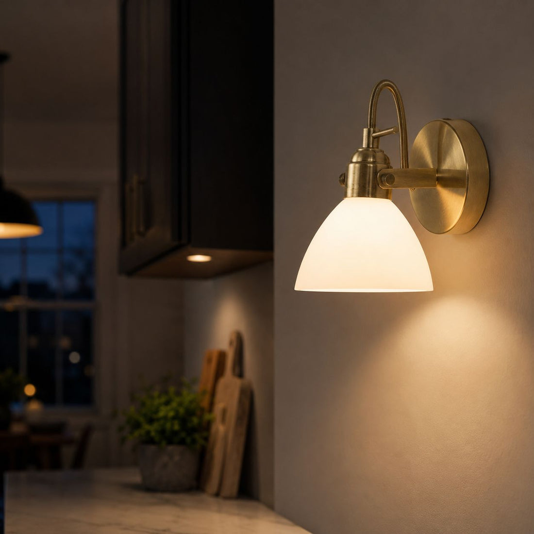 How Callas Wall Spot Light — Antique Brass, Opal Glass Shade lights a room