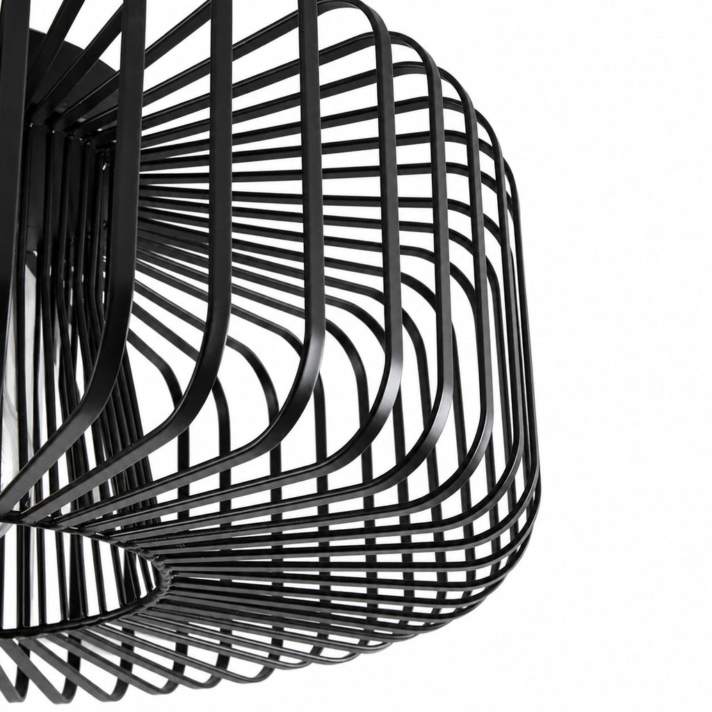 Cassio black cage pendant, close-up detail of the curved wire frame